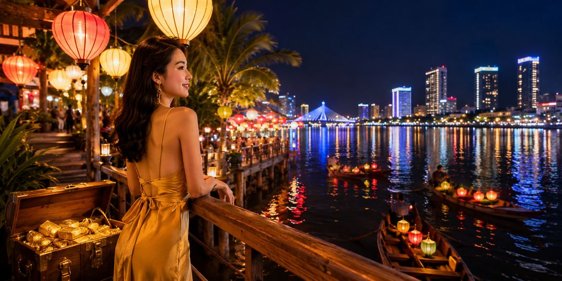 Không gian chợ đêm Đà Nẵng với người dùng xem thông tin giải trí trên mobile